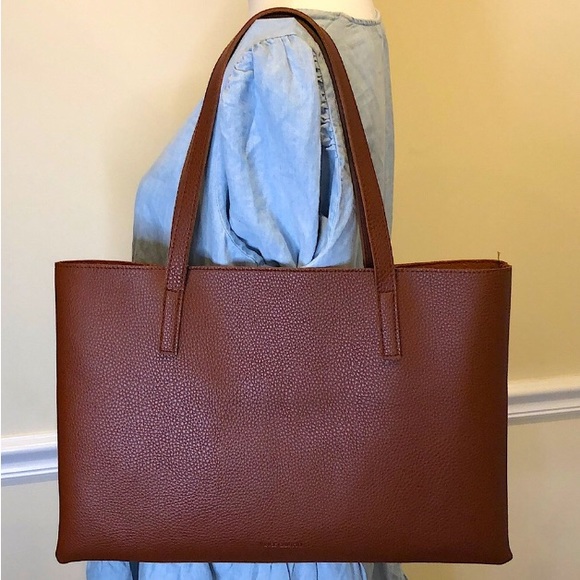 VINCE CAMUTO Tumbled Brown Vegan Leather With Black Stripe Tote Bag Carryall - Picture 7 of 17